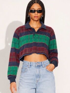 STUSSY Heritage Plaid Cropped Rugby Polo Shirt Size M